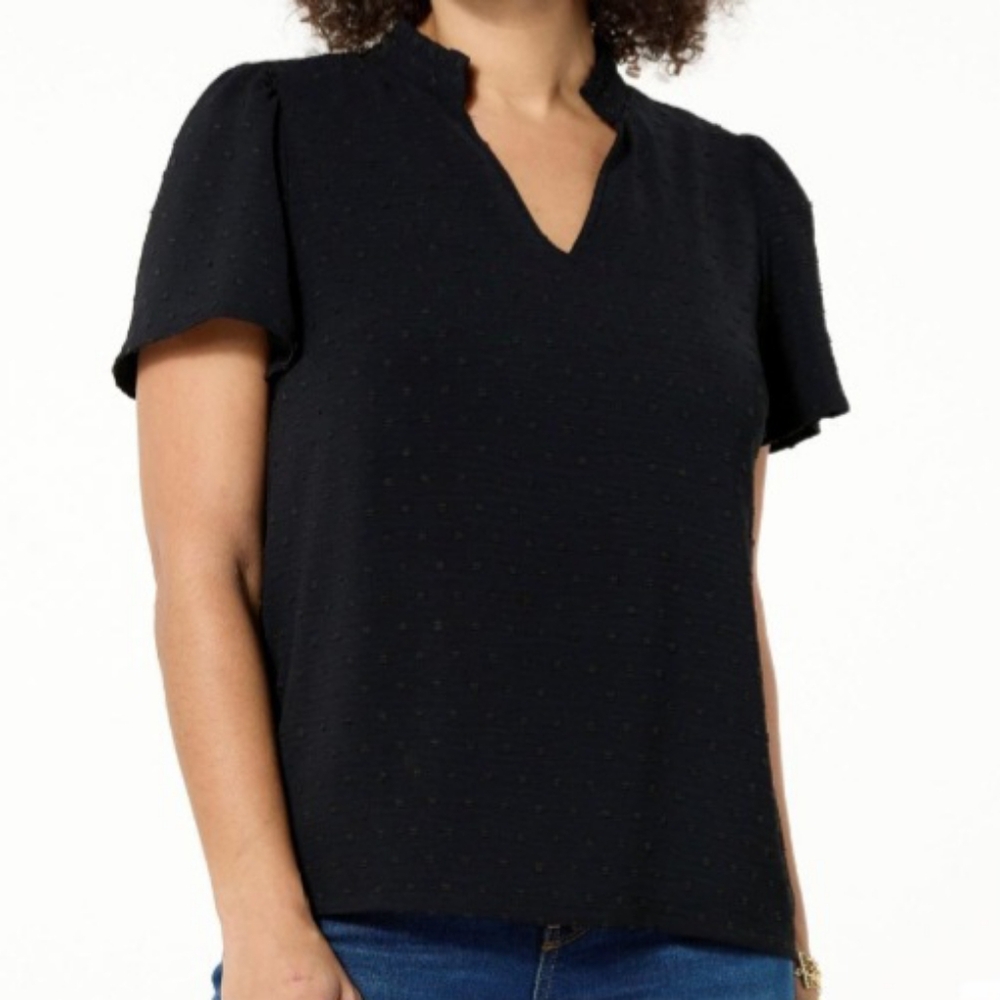 IMAN Black Textured Short Sleeve Vneck Blouse Ruffled‎ Collar Detail Size M